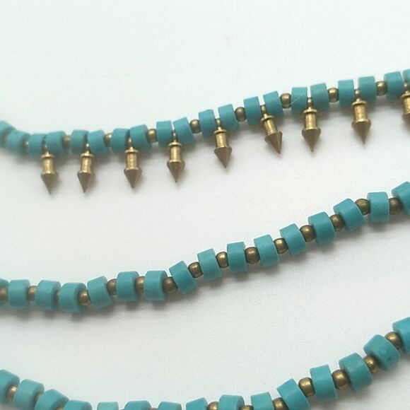 3 Strand Beaded Necklace Silver-tone Round Spacers & Spikes on 2 Leather Cords - Picture 3 of 16